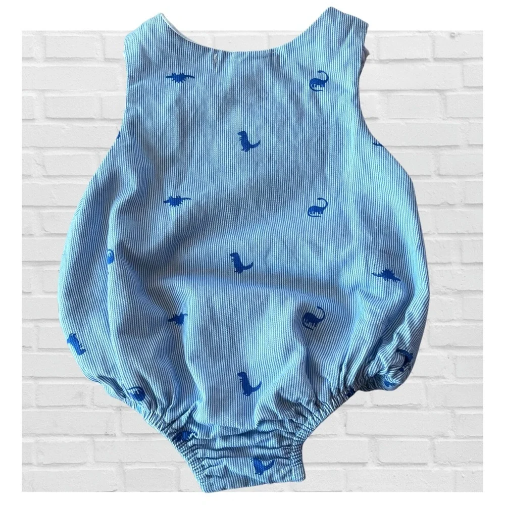 Tommy Bahama 6-9 M Light Blue White Striped Baby Bubble Romper Dinosaurs Overall